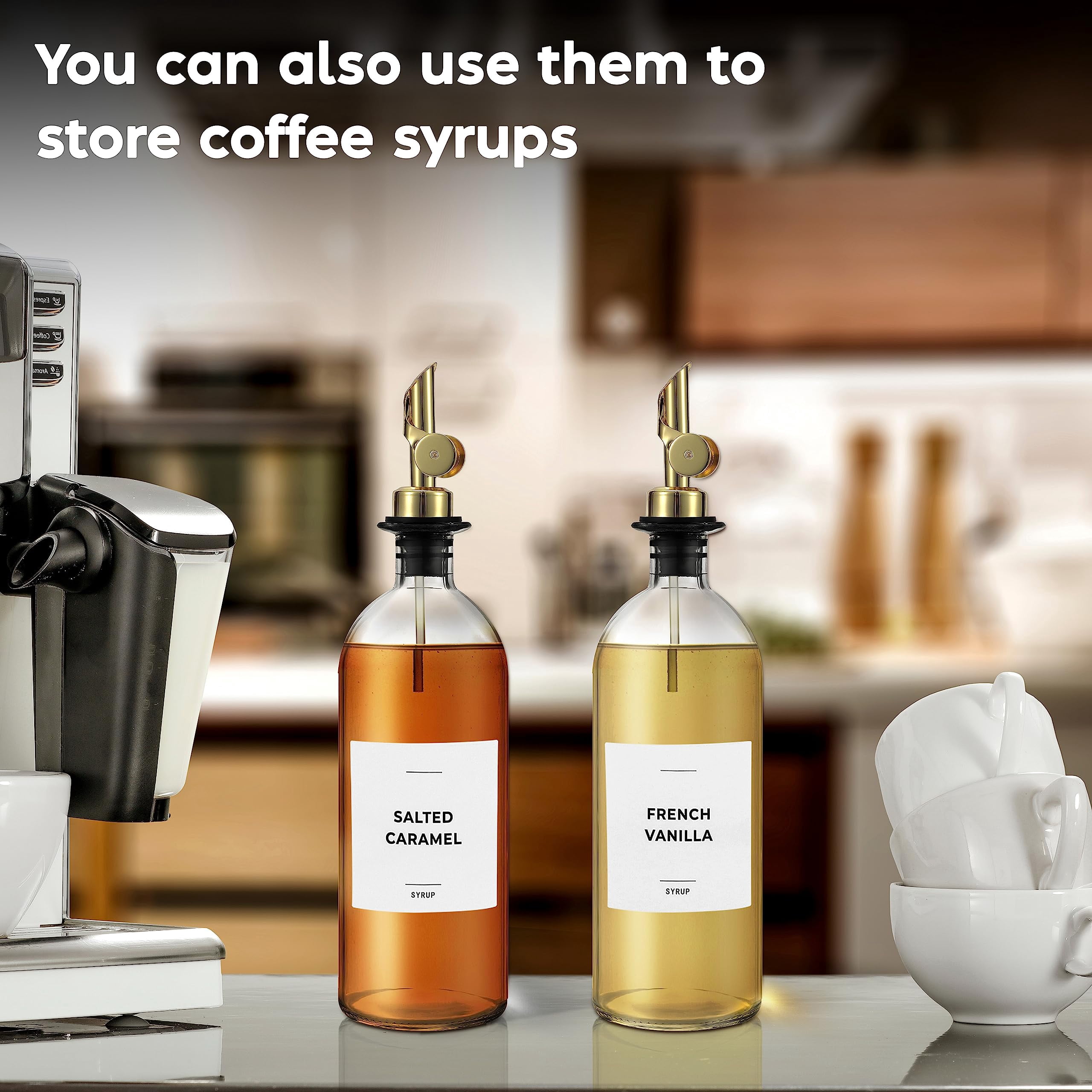 Olive Oil Dispenser Bottle - Includes 55 Kitchen Labels Cooking Bottles For  Coffee Syrup Pourer Spout With 16.9 Fl Oz Glass Container Cruet 2pcs
