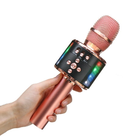 karaoke Microphone,4 In 1 Wireless LED bluetooth Karaoke Microphone with Light ,Mini USB Speaker for Home KTV, Rose Gold/