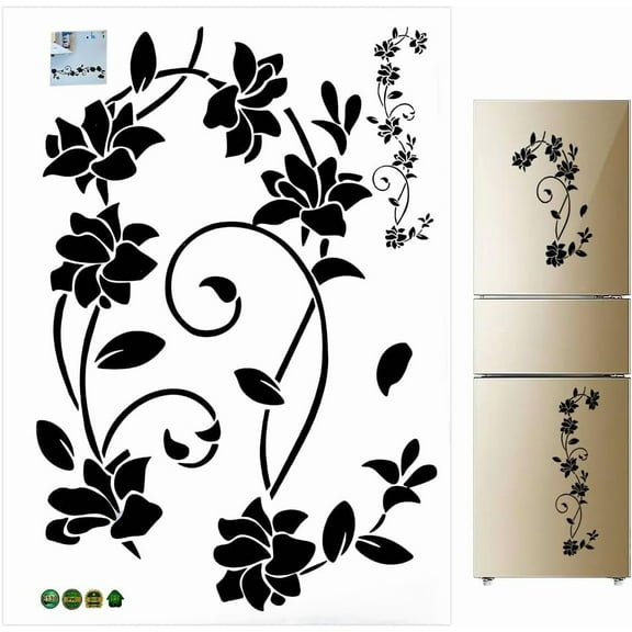 Flower Fridge Decor Stickers Branch Leaf 23.62 * 11.81 Inch Self Adhesive PVC Waterproof Glass Wall Cling Floral Wall Decal for Bedroom Living Room Stairway Nursery Home Wall Decoration Black