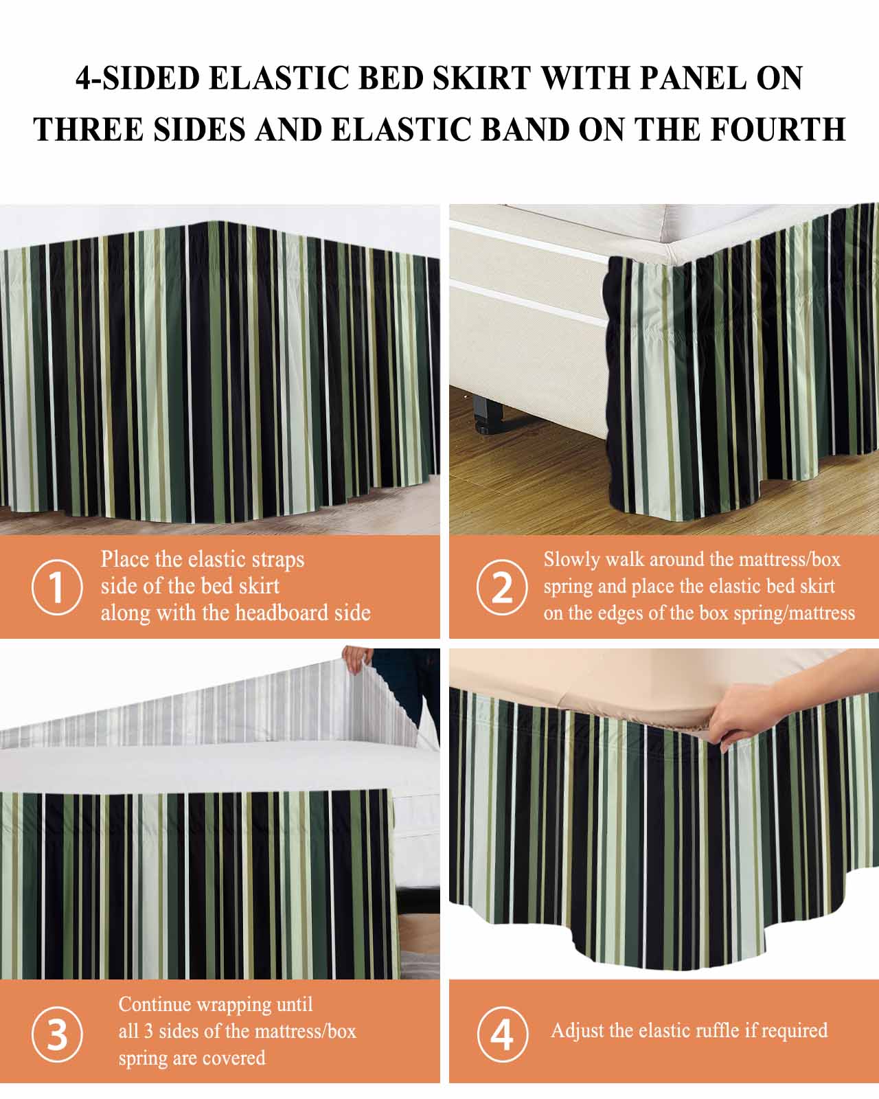 Black Green Bed Skirt Stripe Bed Skirts Queen Size 18 Inch Drop, Wrap Around Dust Ruffle&nbsp;Bedskirt with Adjustable Elastic Belt for Queen Size Beds
