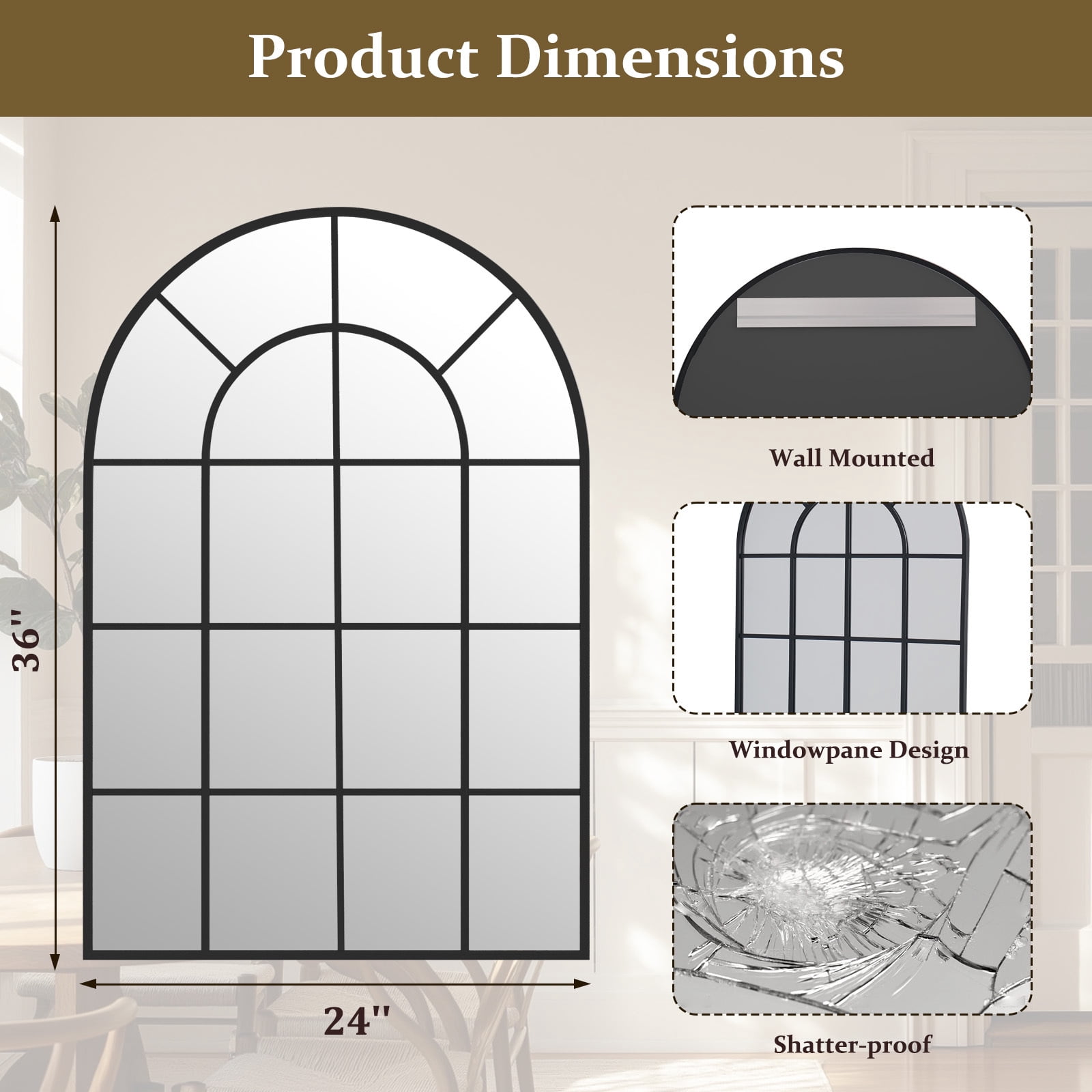 BEAUTYPEAK 24"x36" Arched Windowpane Mirror Bathroom Mirror Wall Mirror,Black