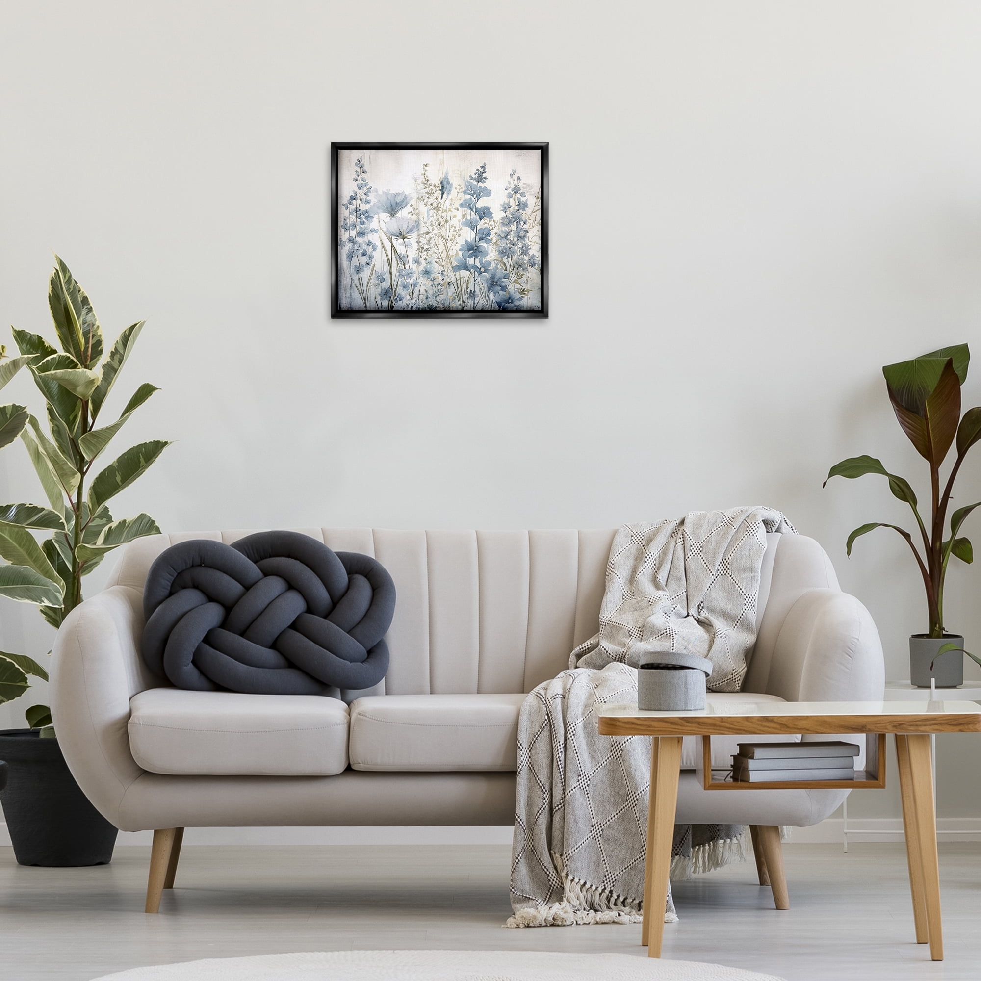 Stupell Industries Blue Nature Blooms Plants & Flowers Painting Black Floater Framed Canvas Art Print Wall Art, 21 x 17