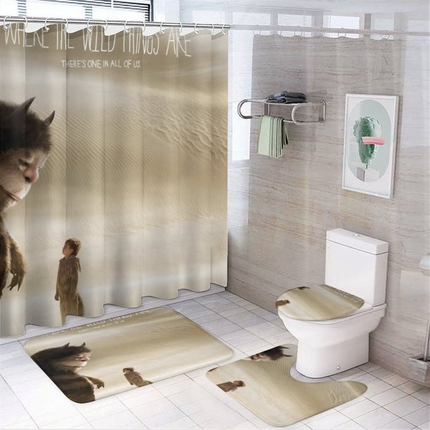 Donde viven los monstruos-theme 4-Piece Shower Curtain Set with Rugs, Waterproof Bathroom Decor Set Includes Bath Mat, U-Shaped Rug, Toilet Lid Cover and Curtain with Hooks