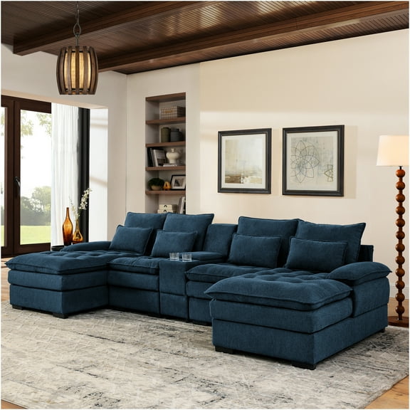 JERFIT Modern 6-Seat U-Shaped Sectional Sofa with Chaise, Built-in Console & Cup Holders, Convertible Sleeper, Blue Fabric Couch for Living Room, Apartment