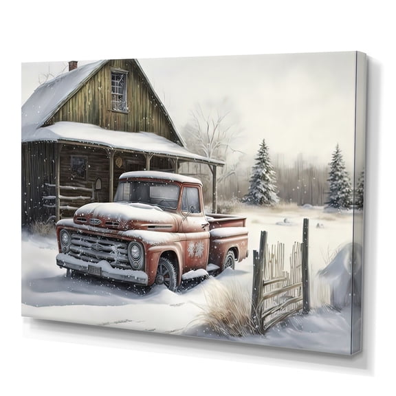 Designart Old Truck At The Barn In Winter I Canvas Wall Art