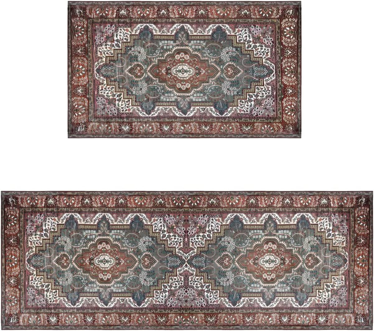 Vintage Persian Kitchen Rug and Sets 2 Piece Non Skid Washable mat for Oriental Medallion Boho