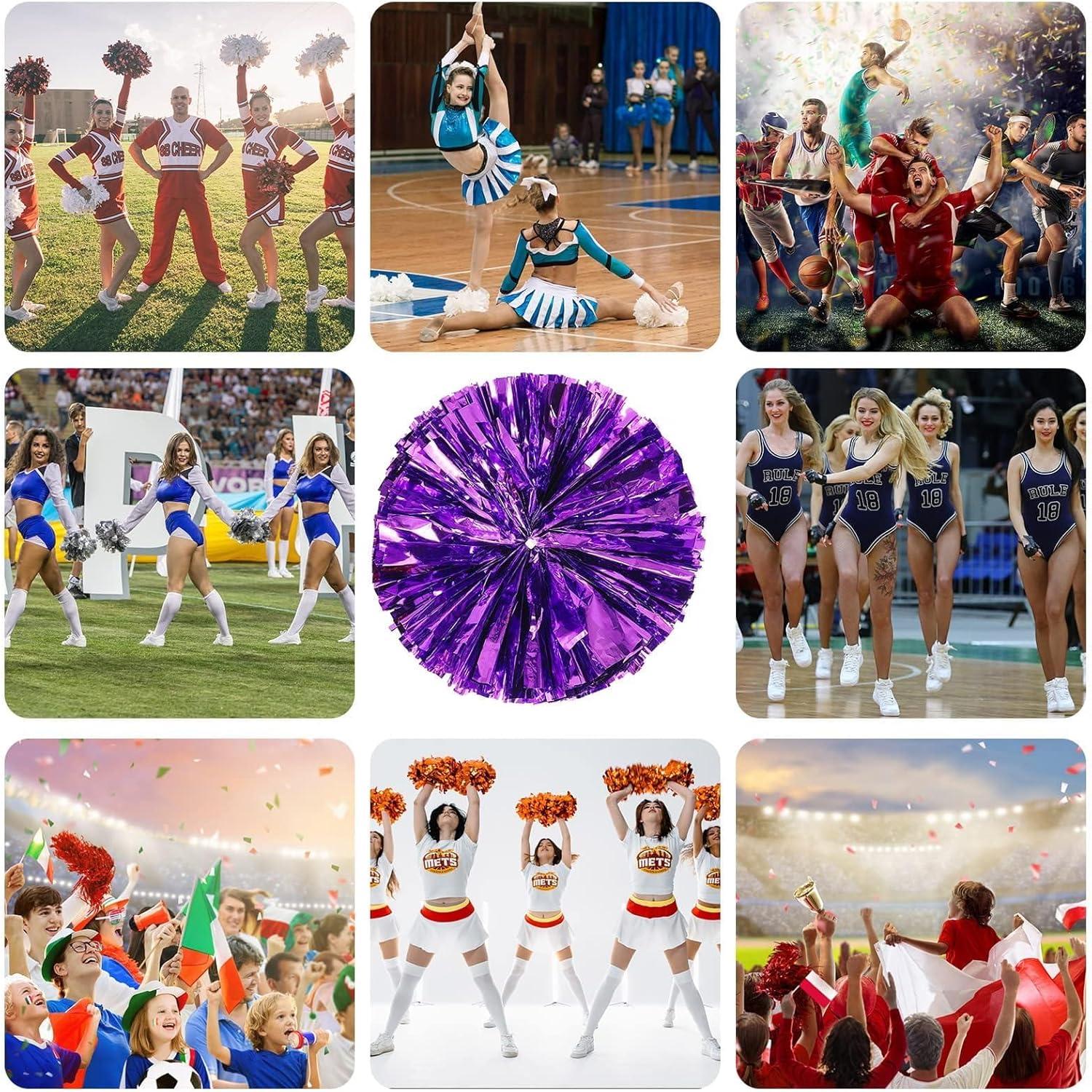 Zhangyh Pom Poms Cheerleading,Fluffy Cheerleader Pompoms with Finger Ring Handle,Metallic Pom Poms Cheerleading for Children Adults Sports Competition Holiday Celebration