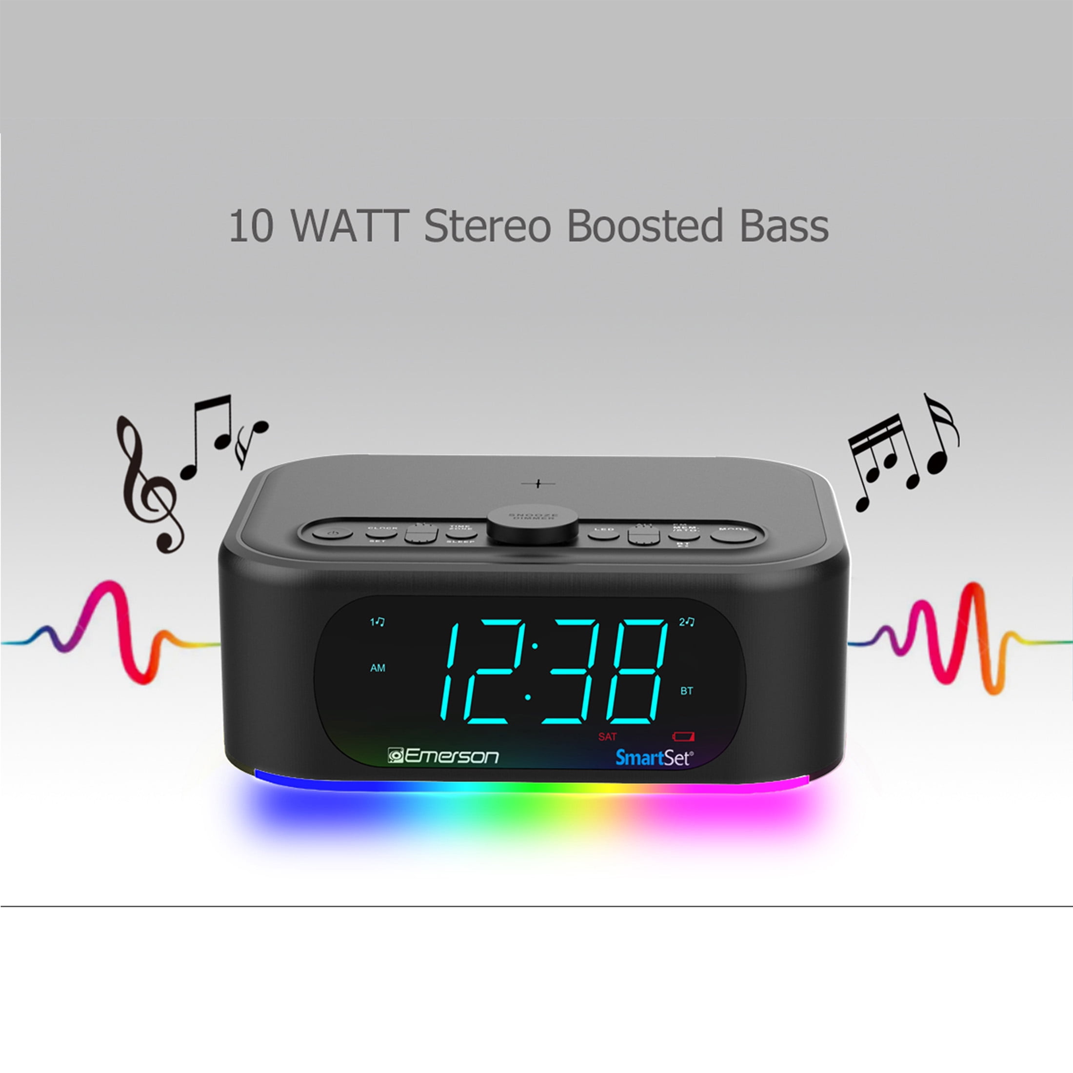 Emerson SmartSet Dual Alarm Clock Radio, 10W Bluetooth Speaker, 15W Wireless Charging, 7-Mode Rhythmic Color Changing LED Lights, CKSW7708M