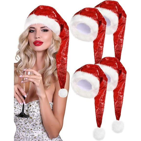 4 Pieces Christmas Santa Hats Xmas Shiny Sequin Santa Hats for Adults Long Christmas Cap Women Men Party Supplies