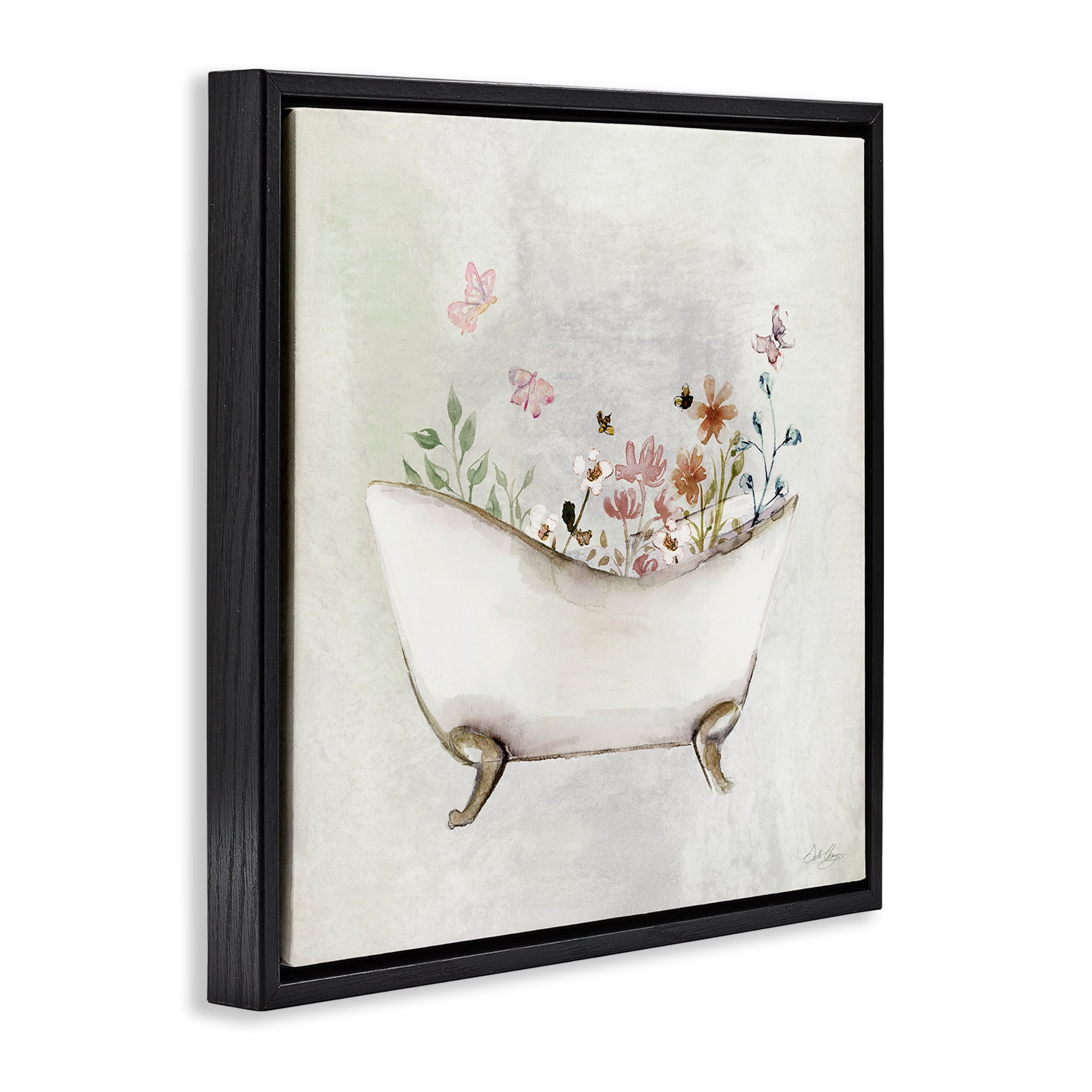 Stupell Industries Butterfly Floral Bath Typography Painting Black Floater Framed Canvas Art Print Wall Art, 25 x 25