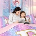 thumbnail image 4 of meiyoeat Mermaid Letter E Twin Comforter Sets for Kids Girls, Glitter Scale Print Bedding Set, Iridescent, Pink Reversible, 2pcs, 1 Comforter and 1 Pillowcase, 4 of 6