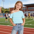 thumbnail image 5 of XYAIYT Girls Short Sleeve T-Shirts Off Shoulder Tops Striped Print Casual Summer Tee for Kids 5-14 Yeas, 5 of 6