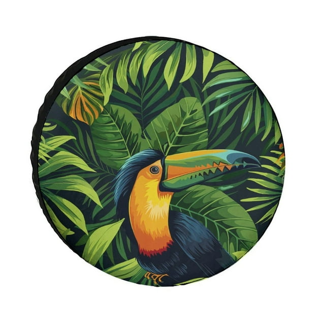Housse de Pneu de Rechange Robuste Tropicale pour Toucan, Perroquet, Feuilles de Palmier Vertes, Floral, Fleurs de Perroquet, Feuilles, Polyester Imperméable, Protecteurs de Roues, Housses de Roues pour Caravane, Remorque, Camion, VUS, Universelle 13 Po