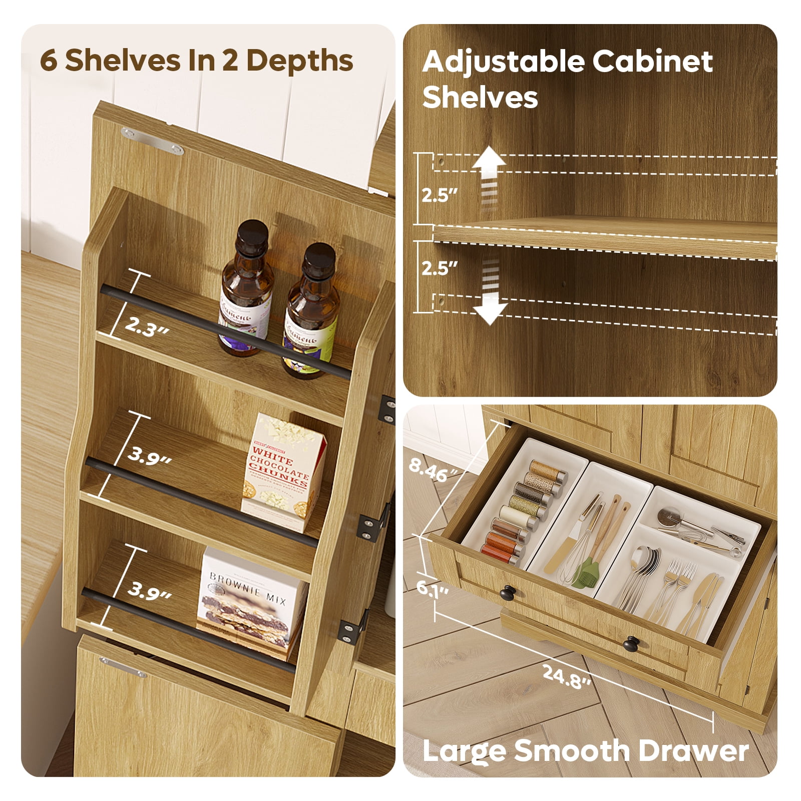 Bestier 72" Tall Kitchen Pantry Storage Cabinet with Doors and Shelves, Food Pantry Cabinet with Motion Sensor Light, Natural Oak
