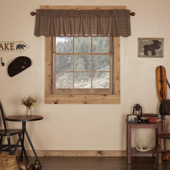 VHC Brands Prescott Rustic 16"x72" Valance Brown Rod Pocket Cotton Plaid Kitchen Window Curtains