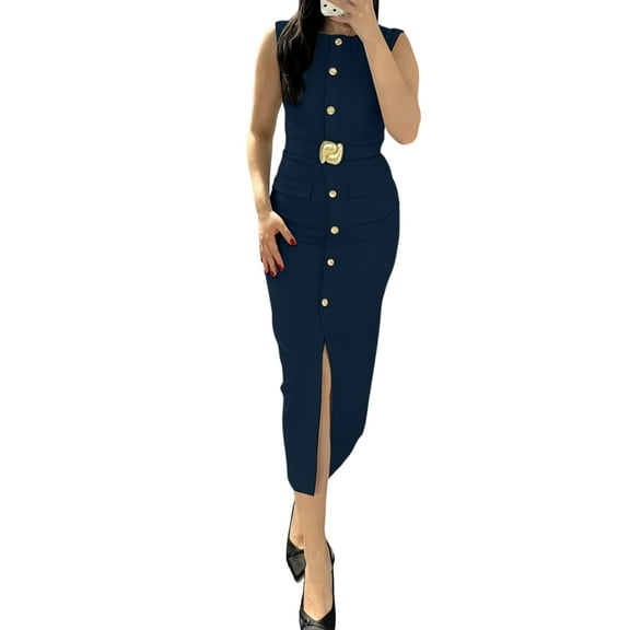 Women Maxi Dress Sleeveless Bodycon Long Tank Dresses Elegant Button Down Workwear Dress Dark Blue XL