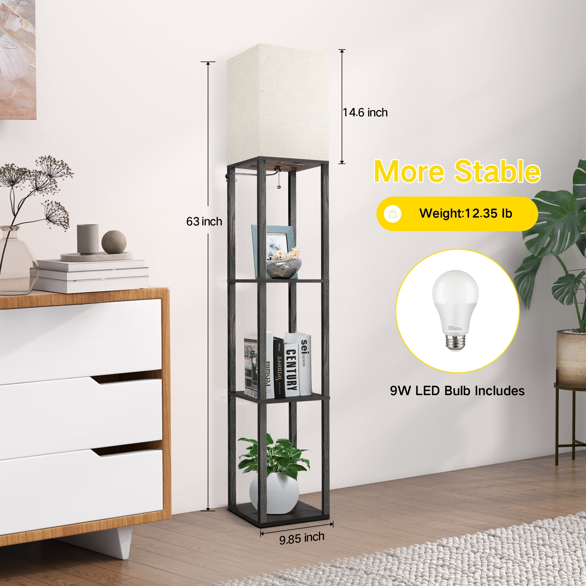 OUTON 63" Floor Lamp with Shelves, Modern Dimmable Standing Lamps with Remote Control for Living Room, Bedroom, Black