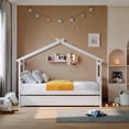 thumbnail image 2 of Twin Size House Bed with Twin Size Trundle, Solid Wood Bed Frame with Roof Headboard and Footboard, Playhouse Bed for Kids Boys Girls, White, 2 of 7