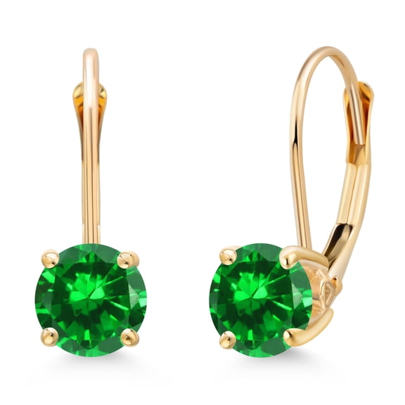Gem Stone King 14K Yellow Gold Green Created Emerald Dangle Earrings for Women | 2.00 Cttw | Gemstone May Birthstone | Round 6MM