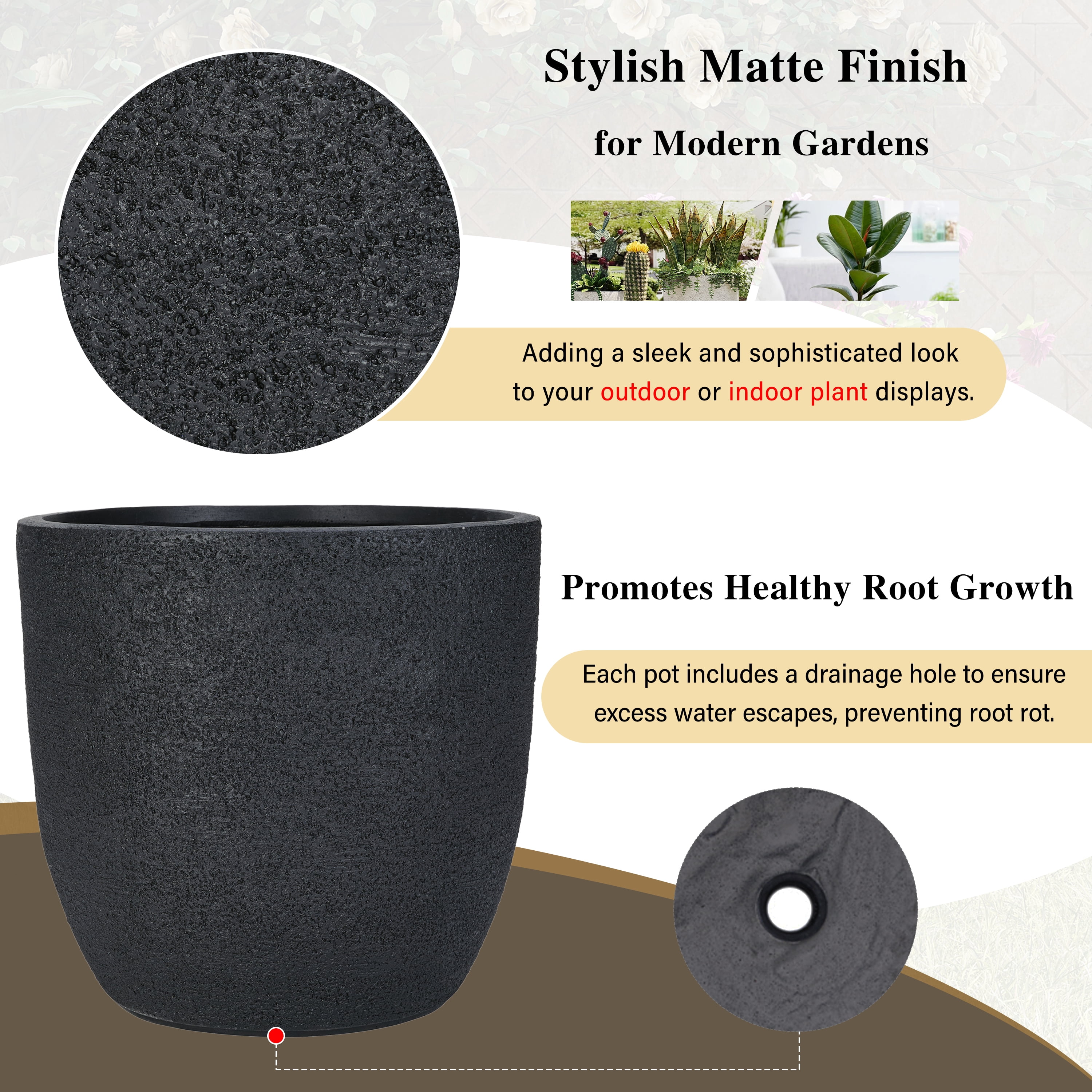 Harper & Bright Designs Outdoor Concrete Planter Set of 3, Patio Flower Pots Stone-Look Textured with Drainage Holes and Rubber Plug for Garden Poolside, Black