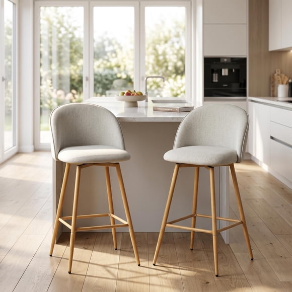 Homy Casa 2-Piece 24.4'' Counter Height Bar Stools, Beige Fabric Swivel Kitchen Island Chairs with Oak Legs