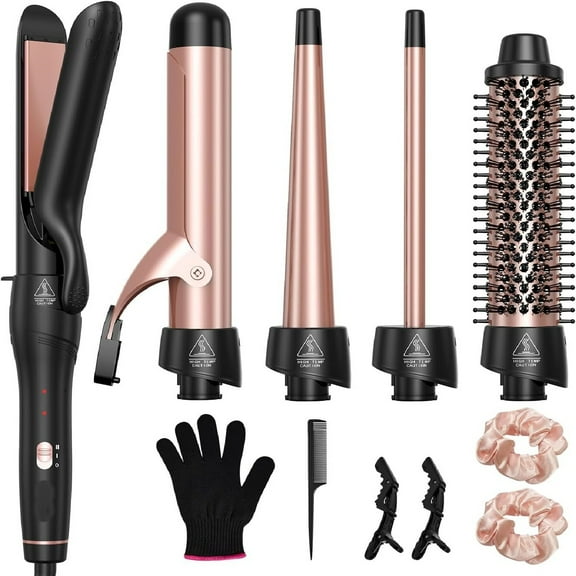5 in 1 Curling Iron with Thermal Brush and 4 Interchangeable Ceramic Barrels(1/2 to 1 1/2 inch), Curling Wand Set with Flat Iron, Fast Heating, Dual Voltage Hair Curler, Gifts for Women