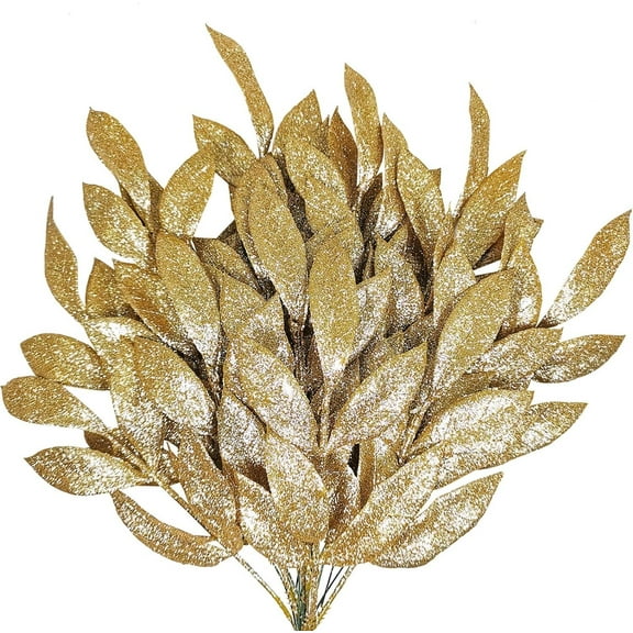 20 Pieces Glittered Artificial Leaf Spray Picks 13" Tall for Christmas Winter Wedding Wreath Tree Floral Arrangment Vase Bouquets Table Centerpieces Decoration (Glod)