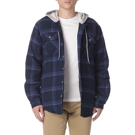 Wrangler Authentics Men's Long Sleeve Quilted Lined Flannel Shirt Jacket with Hood Small Total Eclipse With Heather