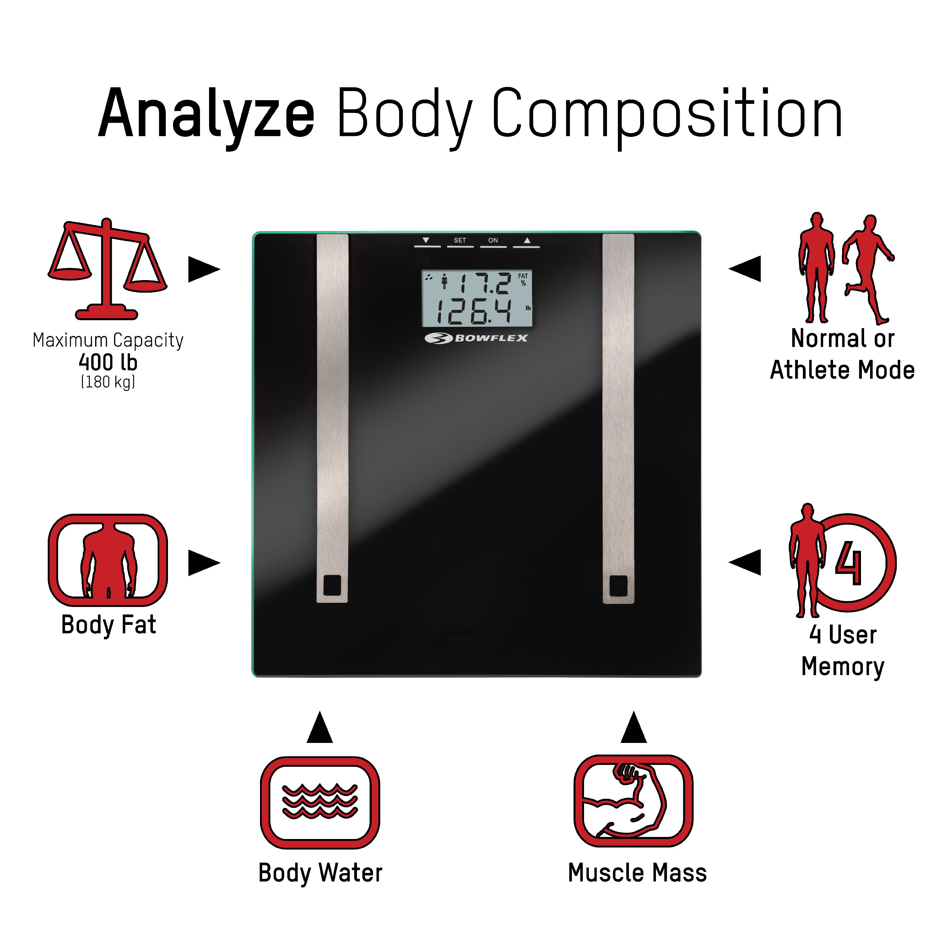 Bowflex 57284072FBOW Electronic Body Fat & Body Water Bath Scale, Black Glass Platform - image 4 of 6