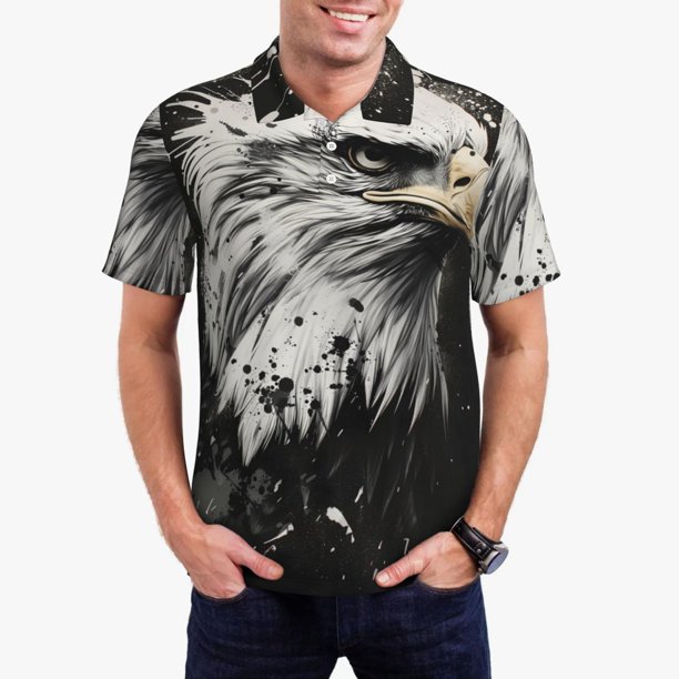Fotbe Ink Style Bald Eagle Camiseta Polo de Golf para Hombre con Estampado – Camisa Deportiva Transpirable con Cuello Abotonado-X-Large