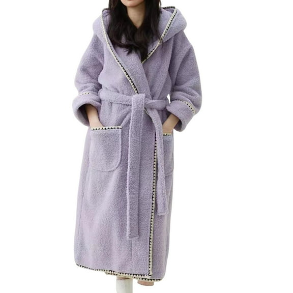 JINGWANGYHBD Women's Fleece Hooded Robe Warm Plush Long Bathrobe Lightweight Spa Robes Soft Sleepwear Loungewear with Pockets