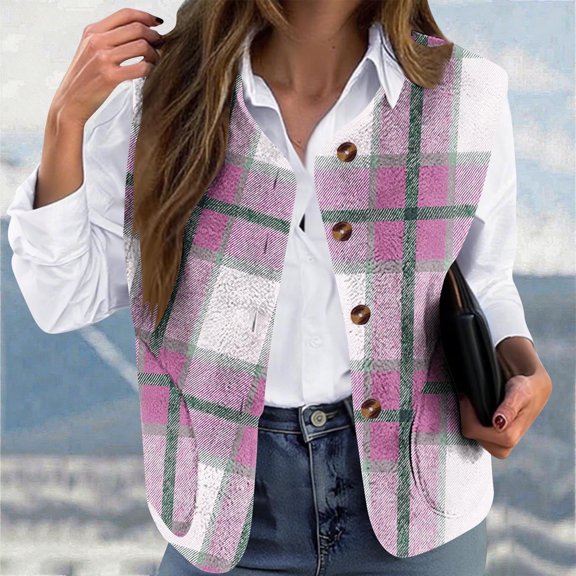 SYMOID Womens Pink Plaid Vest Sleeveless Button Up for Layering, Casual Outfits and Seasonal Wear,Size 2XL