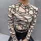thumbnail image 2 of Mujeres moda casual manga larga cuello alto delgado pura malla yugo camiseta top blusa pulóver Pompotops FGAJ3338, 2 of 9