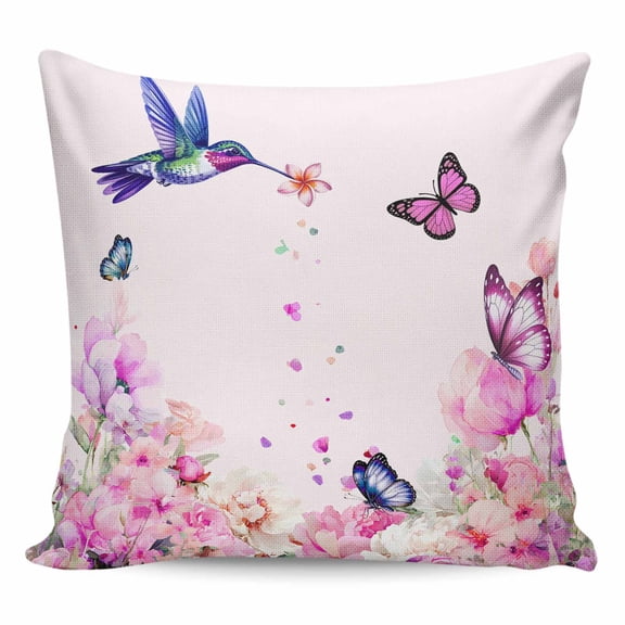 Throw Pillow Covers 24x24 Inch, Pink Flower Decorative Pillow Cases for Couch Sofa Bed, Spring Floral Butterflies Birds Elegant Pastoral Cotton Linen Square Home Decor Pillowcases with Hidden Zipper