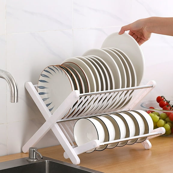 Dish Drainer,Kitchen Household Rack Drains Storage Rack Frees Installation and Foldable Multi Layer And Cutlery Storage Rack,Compact Dish Drainer(White 15*13*10in)