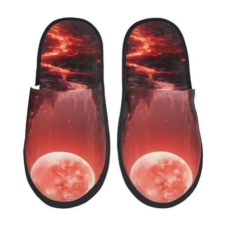 Balery Red Moon Lava Slient Indoor Furry Fleece Comfort House Shoes Soft Non-Slip Home Shoes Cotton slippers House Slippers-- Large