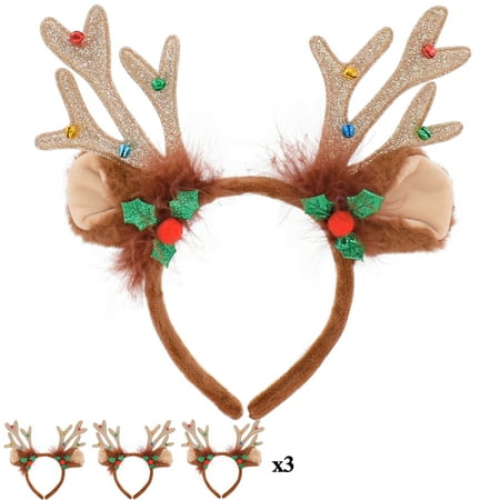 BEGOOD 3PCS Antler Headband Christmas Headbands Xmas Reindeer Headbands Holiday Headbands Seasons Themes Headband Assorted Styles for Christmas Party Accessories