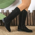 thumbnail image 4 of Rokment Women's Vintage Studded Wide Calf Cowboy Boots Retro Suede Pointed Toe Chunky Low Heel Western Cowgirl Riding Tall Dress Boots for Women Black Size 6, 4 of 7