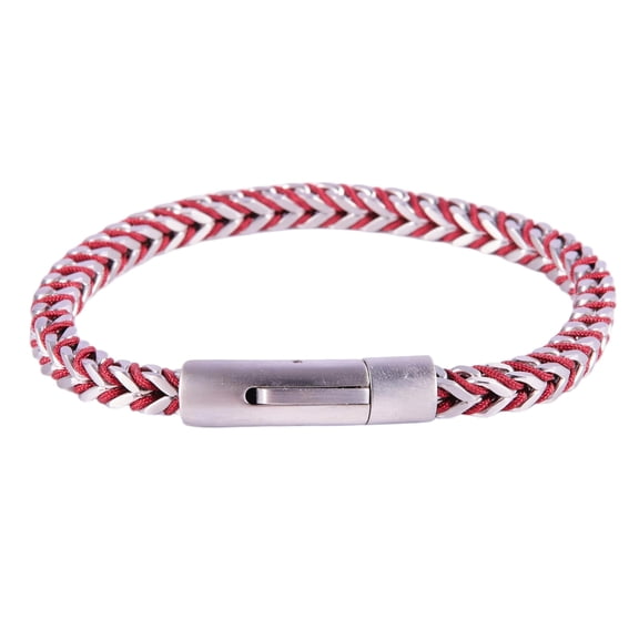 Stainless Steel Silver Tone Braided Cord Bracelet (Red)