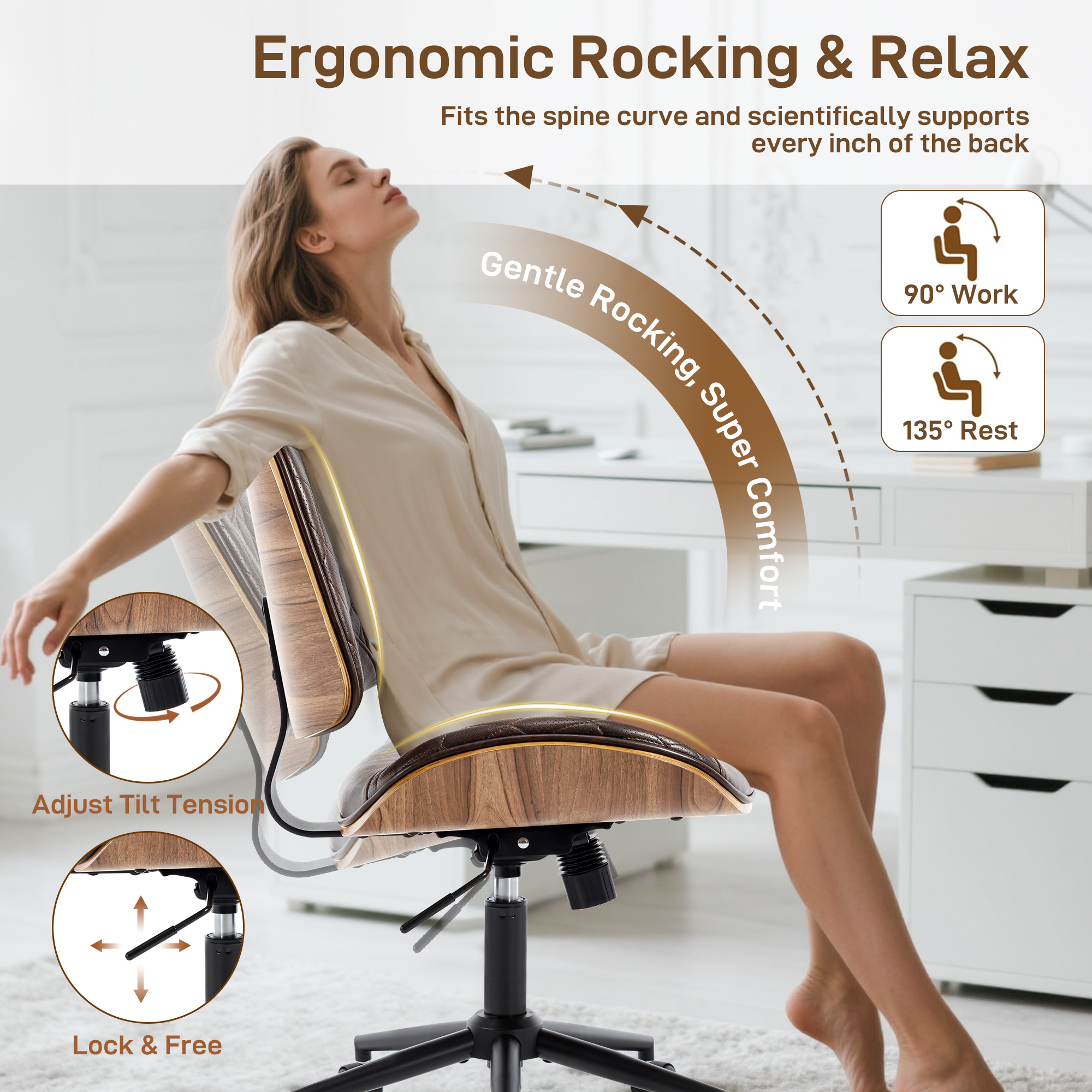 Home Office Desk Chair with Wheels, Armless Breathable PU Leather Office Chair, Swivel Ergonomic Computer Chair for Compact Space, Height-Adjustable Modern Walnut Chair with Rocking Function