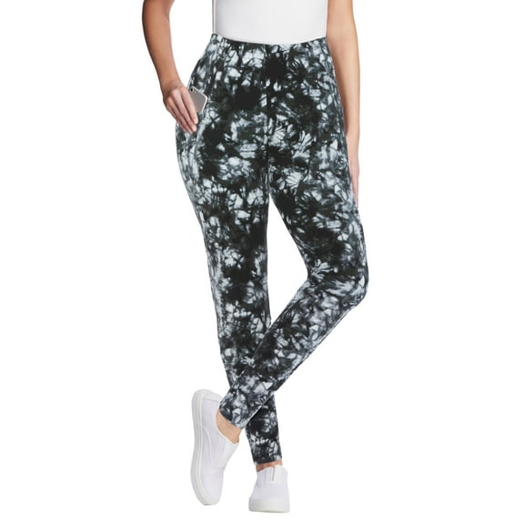 Woman Within Plus Size Stretch-Cotton Knit Pull-On Printed Pocket Leggings