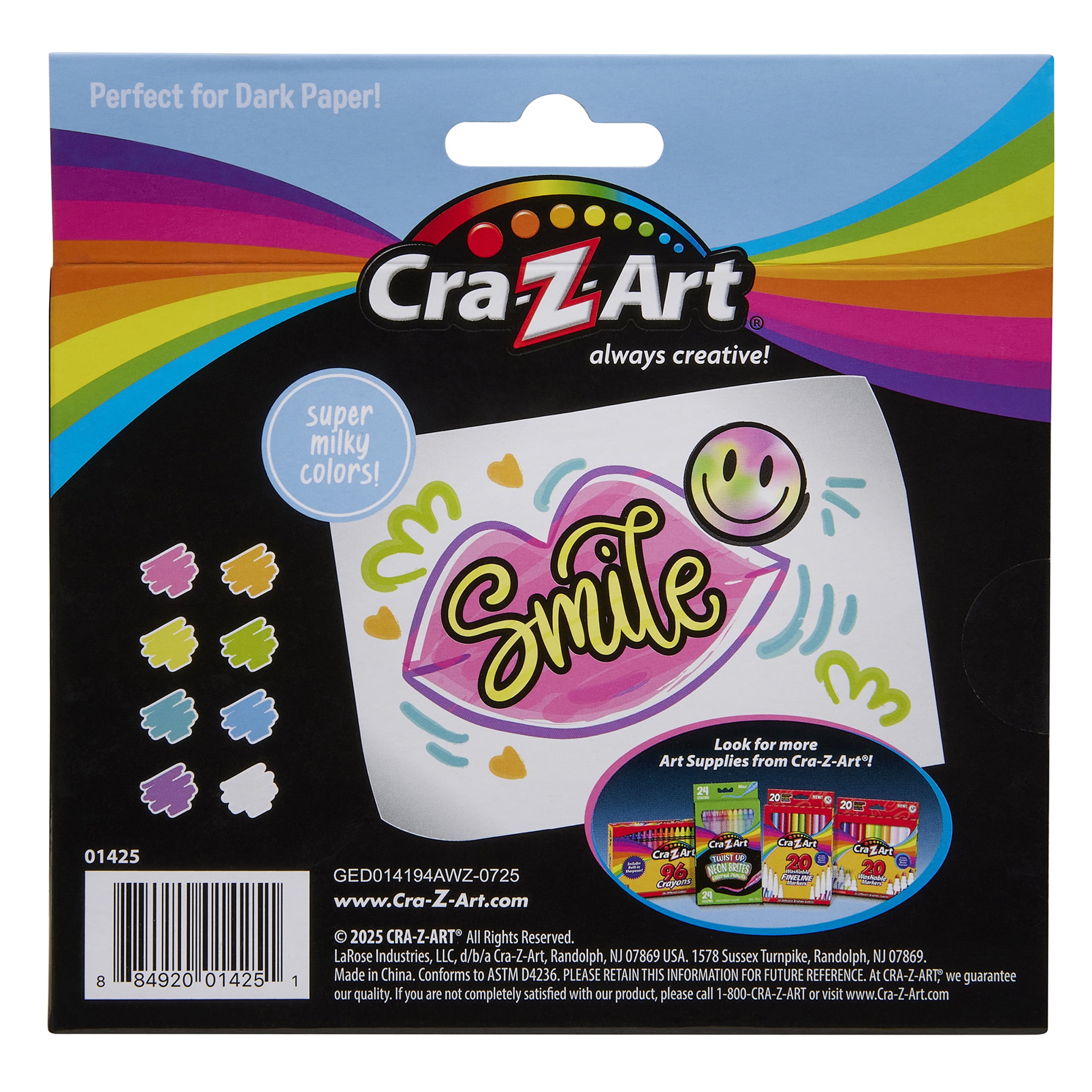 Cra-Z-Art Broadline Super Milky Markers, 8 Count - Pastel Markers Perfect For Black Paper, Unique Colors, Quick Dry No Bleed Markers for Journals Planners Books Notes