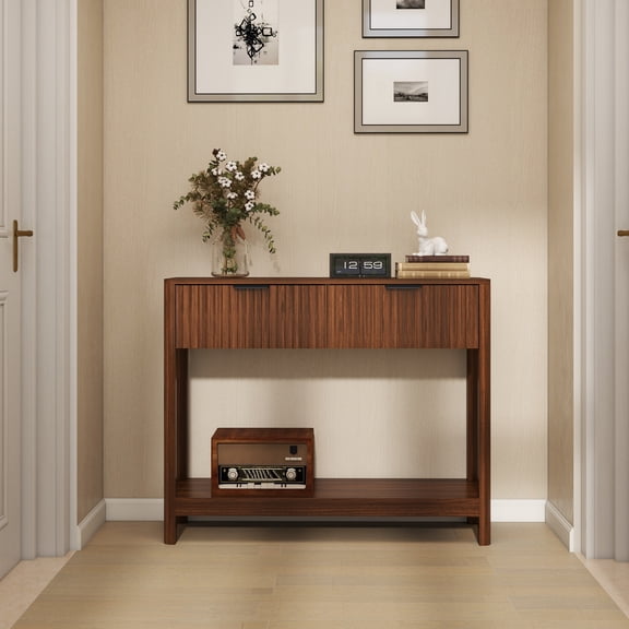 DRNANLIT Mid-Century Modern Fluted Narrow Console Table, Walnut, 2 Drawers & Open Shelf