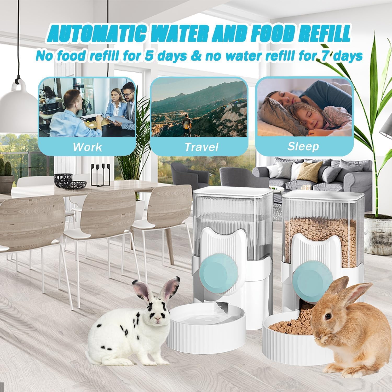 Hanging Automatic Rabbit Feeder and Water Dispenser Set, Gravity Rabbit Feeder Waterer for Cage, Small Animal Hanging Bottle Bowl Set, Food Water Dispenser for Cat Dog Bunny Guinea (Blue)
