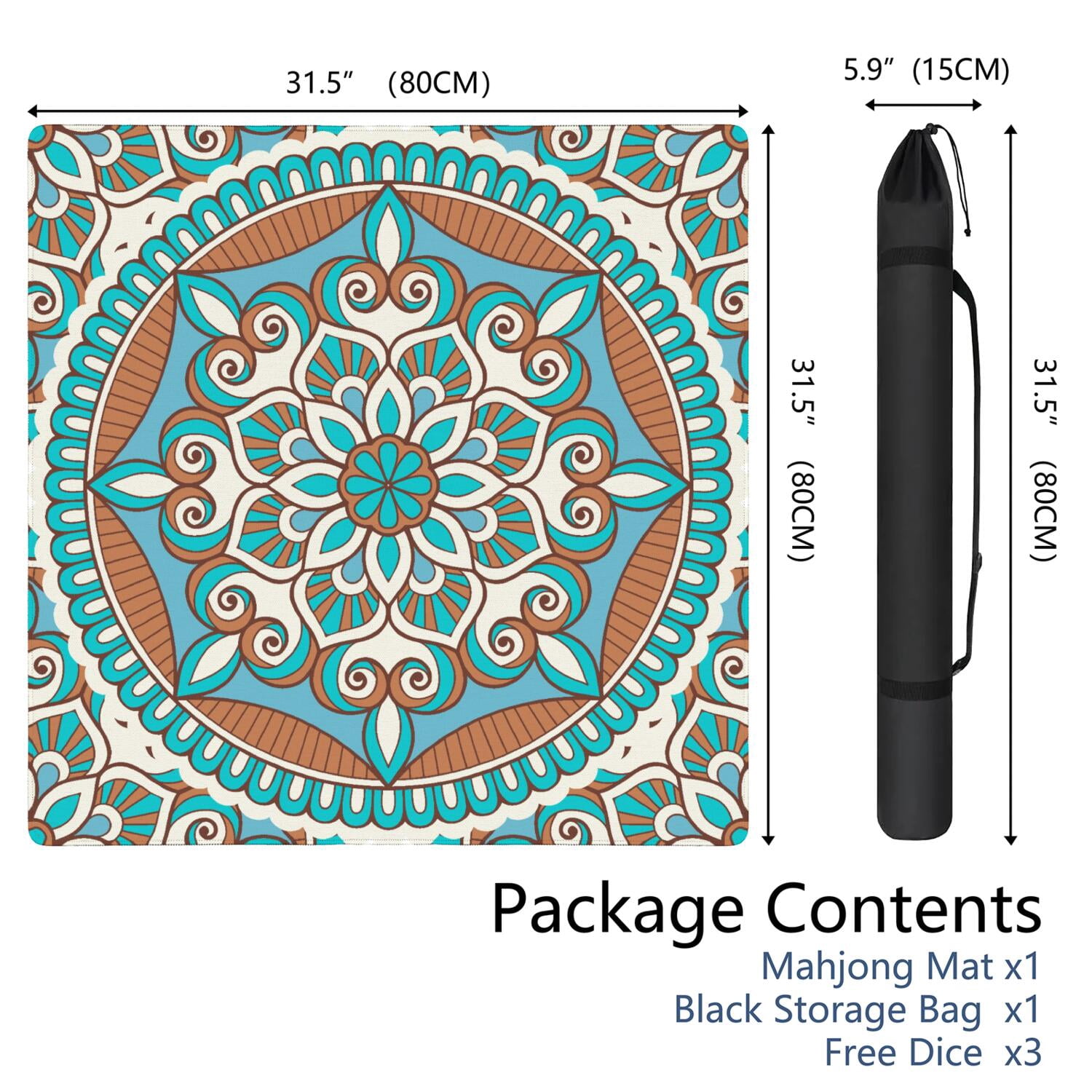 Mandala Mahjong Mat for Table, 31.5*31.5in Anti Slip American Mahjong Table Cloth, Noise Reduction, Neoprene Mah jongg Mat with Carrying Bag & 3 Dices, Mahjong Accessories Gift, Board Tile Games Mats