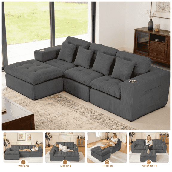Fnkosi Sectional Couch Modern Modular Cloud Couch with Deep Seat Corduroy Sofas for Living Room, Free Combination, No Assembly Required, Gray