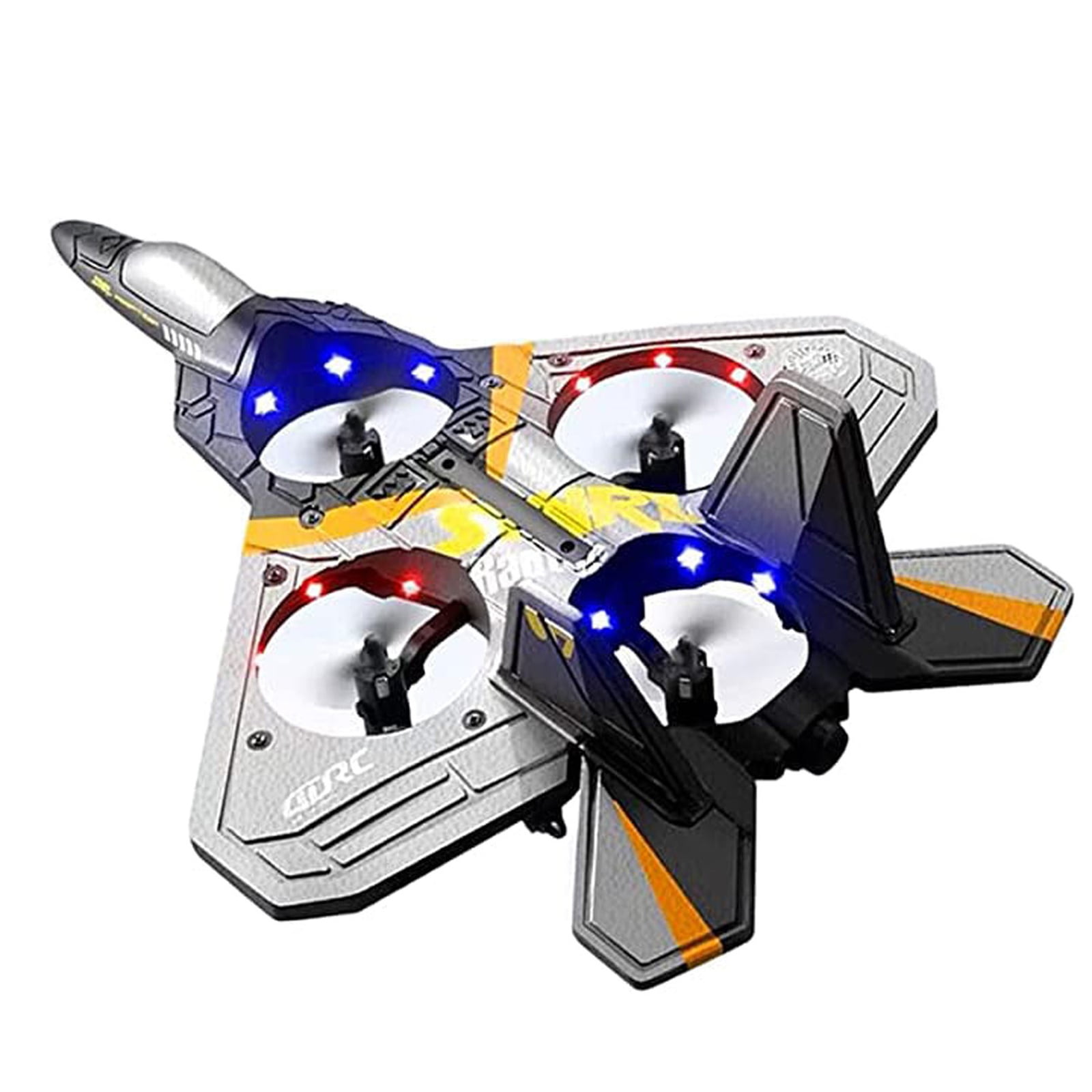RC Fighter Jet Toy, Foam Drone Glider, Silver Remote Control Plane - 4-Rotor with LED Lights, Includes 1 Battery, 1 Remote, Charging Cable, 4 Spare Propellers - For Kids, Teens, Boys, Girls, Indoor O