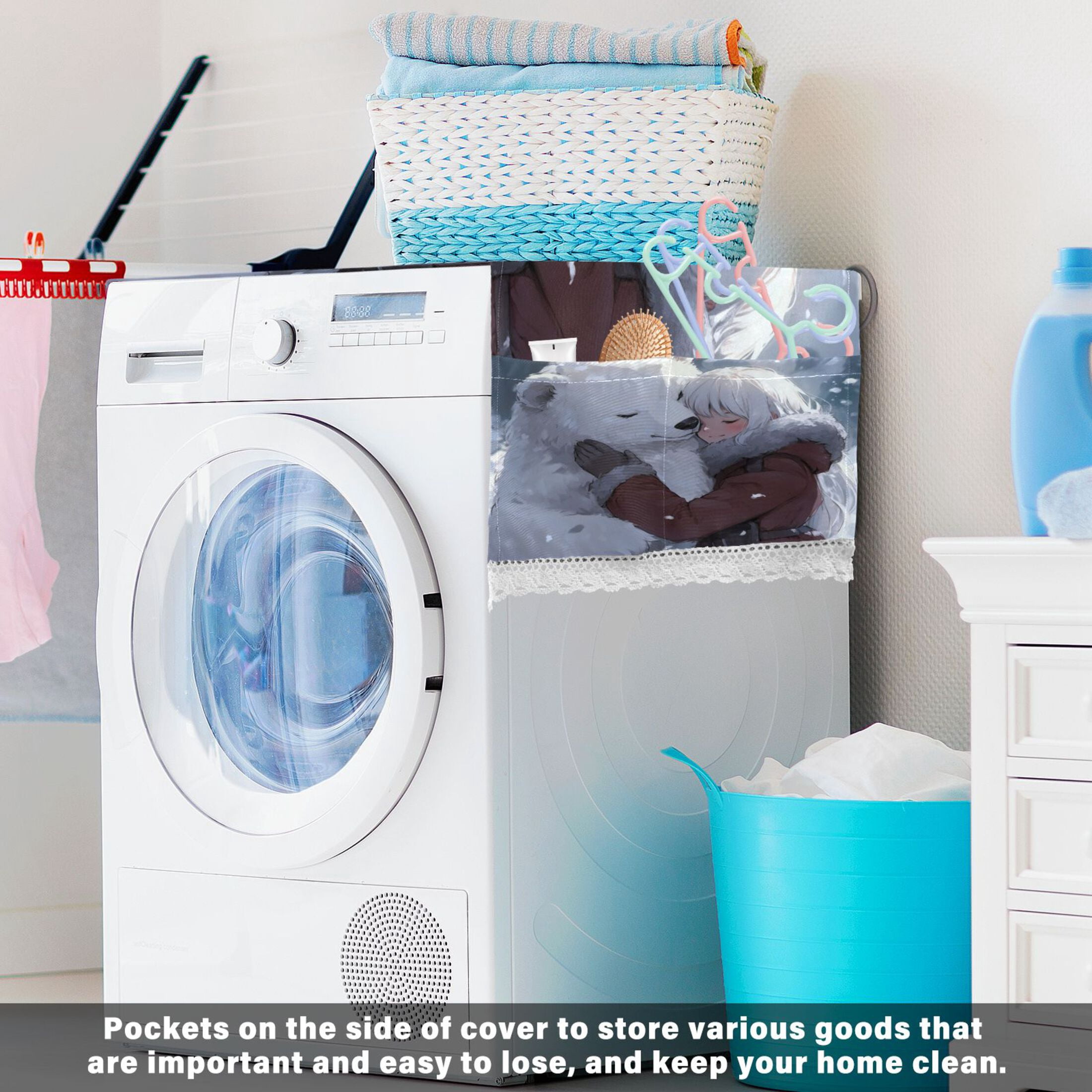 WOBOGO White Bear Cuddles with Woman Washing Machine Cloth Dryer Refrigerator Top Cover Protective Non-Slip Mat For Kitchen Laundry