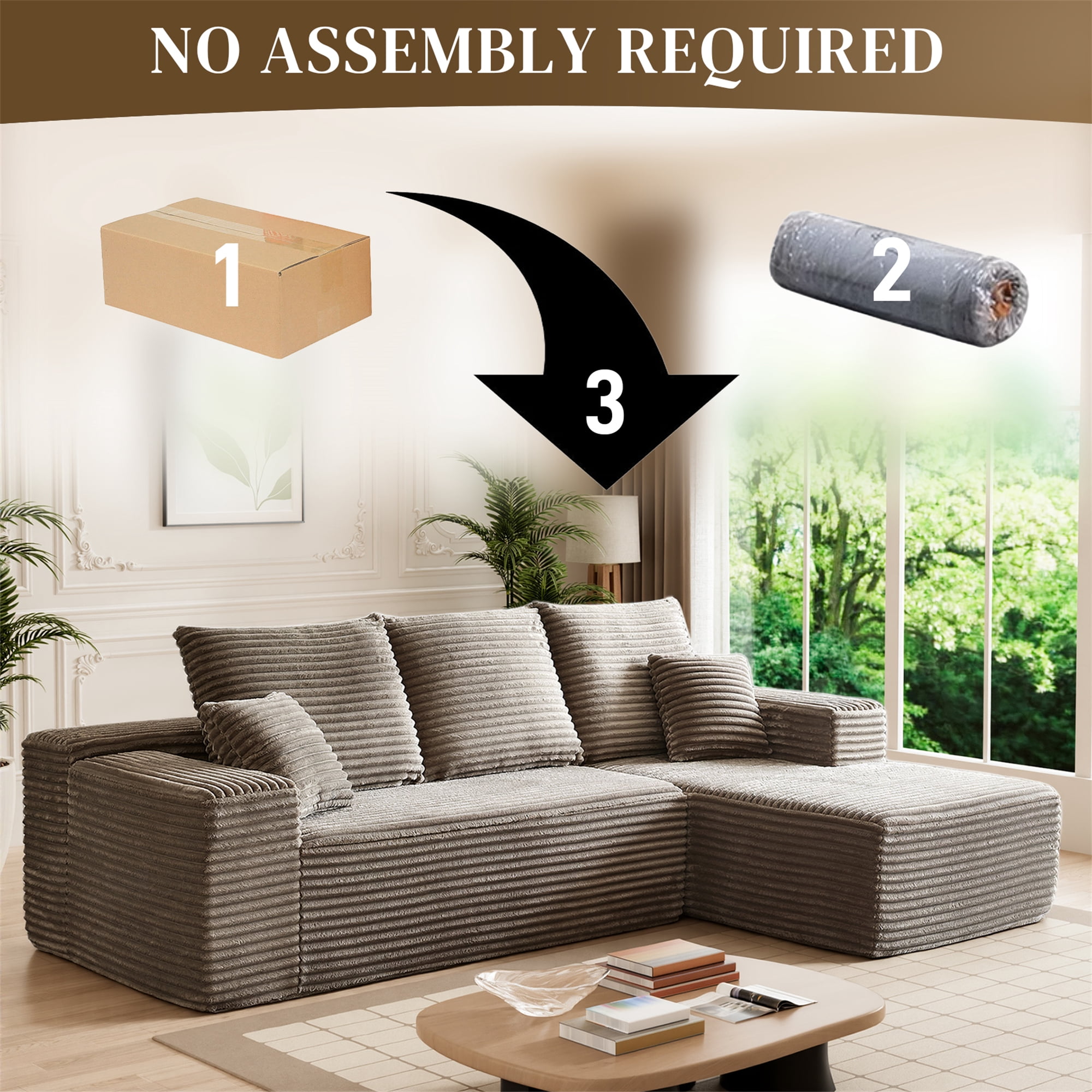 Aukfa 108" Cloud Sectional Sofa Deep Seat Boneless Couch Modular L-Shaped Couch, Rihgt Chaise Corduroy Sofa for Living Room, Brown