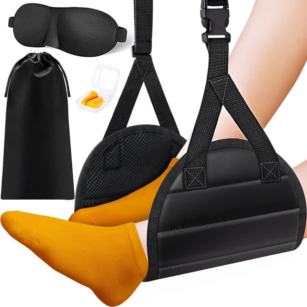 Reposapiés tipo hamaca CushZone para avión con antifaz y tapones para los oídos